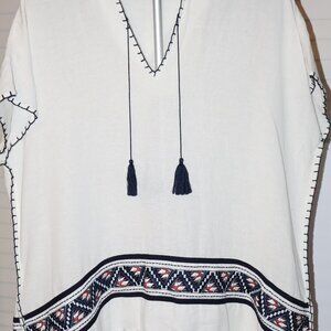 Tory Burch Hooded Fringed Poncho – Windwell Beach Style, Blue/White, M